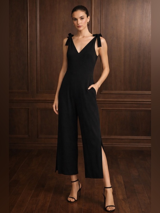 See By Chloe Pants - See by Chloé Black Jumpsuit Tie Shoulder Straps Smocked Back Wide Leg Size S